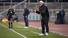 Trenér Jind�ich Trpi�ovský povzbuzuje slávistické fotbalisty v utkání na Dukle.