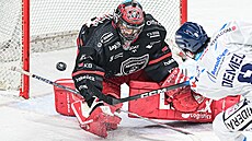 Hradecký branká� Stanislav �korvánek zasahuje v utkání s Vítkovicemi.