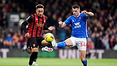Zálo�ník Bournemouthu Marcus Tavernier (vlevo) svádí tvrdý souboj o mí� se svým...