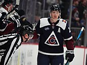 Nathan MacKinnon (Colorado Avalanche) slaví se spoluhrá�i na st�ída�ce gól do...