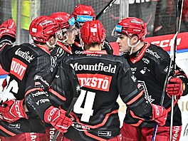 Hokejisté Hradce Králové oslavují gól proti Boleslavi.