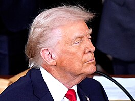 Na krku prezidenta Donalda Trumpa je viditelné z�ervenání, kdy� proná�í projev...