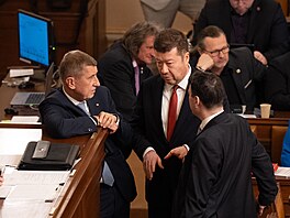 Premiér Andrej Babi� hovo�í v Poslanecké sn�movn� s p�edsedou strany SPD Tomiem...