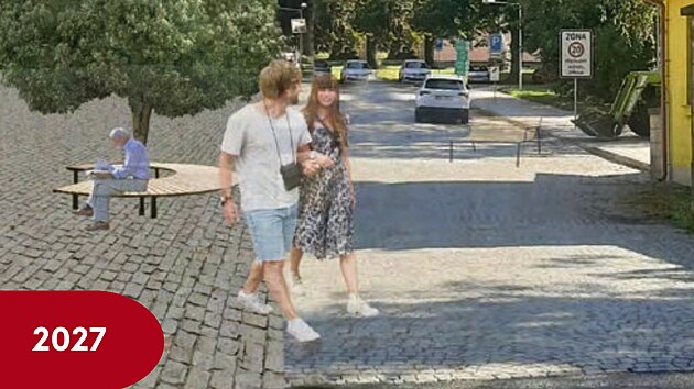 Vize 2027: Sloup ve�ejn�ho osv�tlen� je odstran�n, co� otev�r� pohled do are�lu. Betonov� ze� se zna�kami miz� a ustupuje nov� dla�b�. Uprost�ed nov� vznikl� p�� z�ny stoj� vzrostl� strom, pod kter�m je um�st�na kruhov� lavi�ka. Auta z vjezdu miz� a prostor o��v� pohybem p��ch, jak slibuje pl�n na vytvo�en� klidov�ch z�n pro ve�ejnost i pacienty.