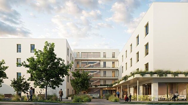 Architektonick� �e�en� po��t� s otev�en�m prostorem, kde se budou p�irozen� potk�vat senio�i, d�ti z m�stn� �kolky i obyvatel� okoln�ch ulic.