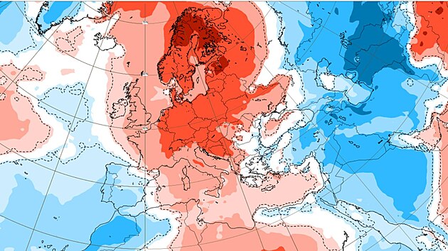 Mapa s odchylkou t�denn� teploty od norm�lu pro za��tek b�ezna.