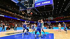 Jan Zídek (5) a Martin K�í� (31) bojují pod ko�em b�hem utkání kvalifikace o...