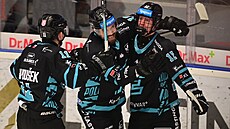 Karlovar�tí hokejisté se radují z gólu v prvním utkání p�edkola play off proti...