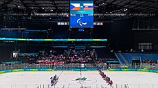 Za�átek zápasu �eských parahokejist� proti Slovensku.