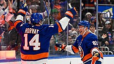 Bo Horvat (14) a Ond�ej Palát (81) slaví gól New York Islanders.