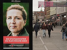Chodci procházejí kolem volebního plakátu Mette Frederiksenové, p�edsedkyn�...