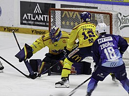 �eskobud�jovický gólman Klou�ek v akci proti Brnu.