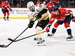 Bostonský úto�ník David Pastr�ák s pukem p�ed Martinem Fehérvárym z Washingtonu.