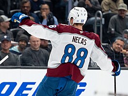 Nathan MacKinnon (29), Sam Malinski (70) a Martin Ne�as (88) slaví gól Colorado...