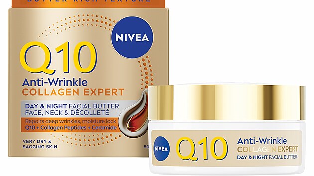 Luxusn� ple�ov� m�slo Nivea Q10 Collagen Expert s bohatou texturou poskytuje hloubkovou v��ivu a uzamyk� ��inn� l�tky v pleti. Lze jej pou��t jako denn� i no�n� p��i nebo intenzivn� masku, cena 480 K�.