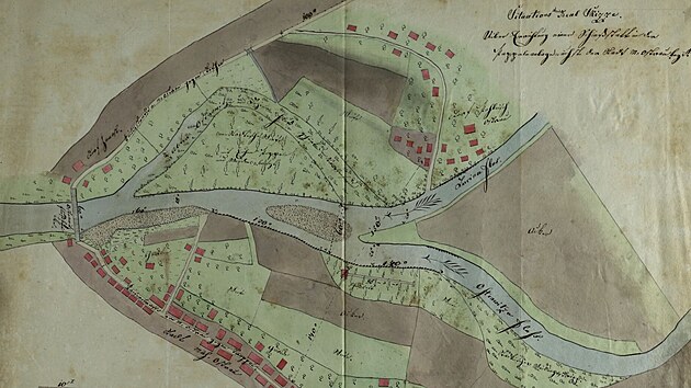 Na obr�zku je historick� situa�n� skica (mapov� n��rt) s n�meck�m n�zvem �Situations Plan Skizze�, kter� zobrazuje soutok �ek Ostravice a Lu�iny v Ostrav�. Dokument poch�z� z roku 1870, co� potvrzuje datum v lev�m doln�m rohu (24. April 1870).