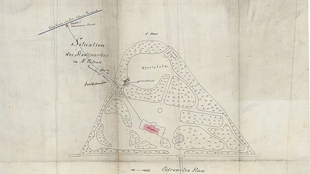 Tento historick� pl�n s n�zvem �Situation des Stadtparkes in M. Ostrau� (Situa�n� pl�n m�stsk�ho parku v Moravsk� Ostrav�) z �nora 1902 zachycuje ranou f�zi v�voje dne�n�ch Komensk�ho sad�.