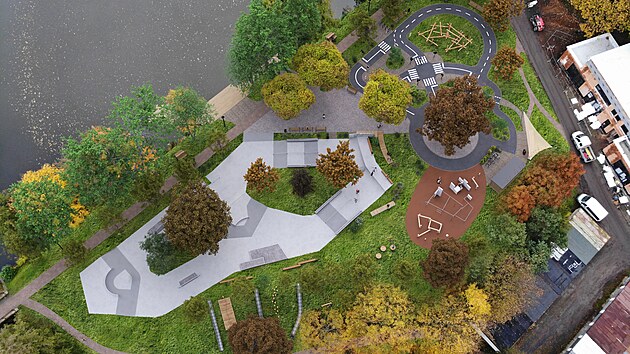 Skatepark, dopravn� i parkourov� h�i�t�, hrac� prvky i m�sto pro relax musely architektky uzp�sobit st�vaj�c� zeleni. Takto by m�l vypadat v�sledek po dokon�en�.