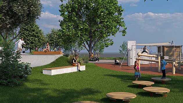 Skatepark, dopravn� i parkourov� h�i�t�, hrac� prvky i m�sto pro relax musely architektky uzp�sobit st�vaj�c� zeleni. Takto by m�l vypadat v�sledek po dokon�en�.