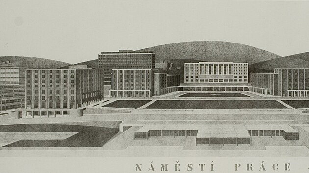 Velkolep� budovy pl�novan� na n�m�st� Pr�ce architektem F. L. Gahurou v roce 1942 p�ipom�naly evropsk� metropole. Pl�n poch�z� z archivu Krajsk� galerie v�tvarn�ho um�n� ve Zl�n�.
