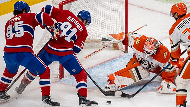 Luk� Dost�l z Anaheim Ducks se sna�� zas�hnout v z�pase s Montreal Canadiens proti Oliveru Kapanenovi (91) a Alexandru Texierovi (85).