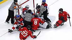 Rozhod�í musí rozd�lovat kanadské a �eské parahokejisty po souboji p�ed �eským...