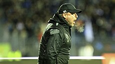Trenér Zbrojovky Martin Sv�dík k�i�í na své hrá�e b�hem derby s Artisem.