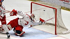 T�inecký branká� Marek Mazanec se vrhá po puku v p�edkole play off s Olomoucí.