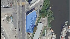 Modrá barva ukazuje plochu, kterou nová stavba zaujímá.