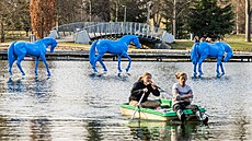 V hradeckých �imkových sadech instalují souso�í T�i mod�í kon�. (9. b�ezna 2026)