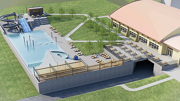 Takto má vypadat venkovní areál s bazénem v Pelhřimově. Do podoby z vizualizací však byly později ještě zapracovány připomínky vedení města.