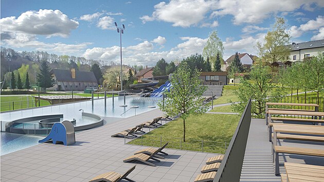 Takto má vypadat venkovní areál s bazénem v Pelhřimově. Do podoby z vizualizací však byly později ještě zapracovány připomínky vedení města.