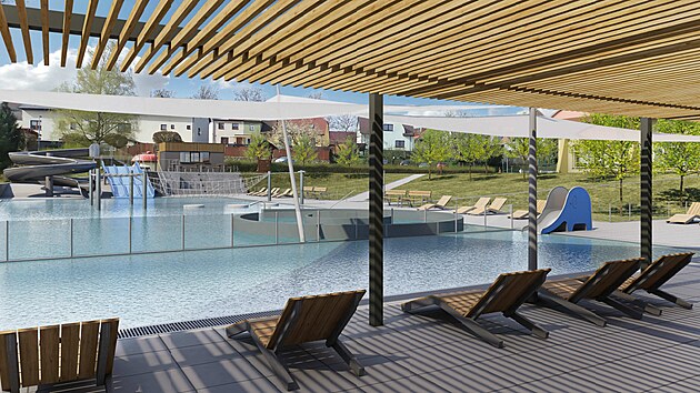 Takto má vypadat venkovní areál s bazénem v Pelhřimově. Do podoby z vizualizací však byly později ještě zapracovány připomínky vedení města.