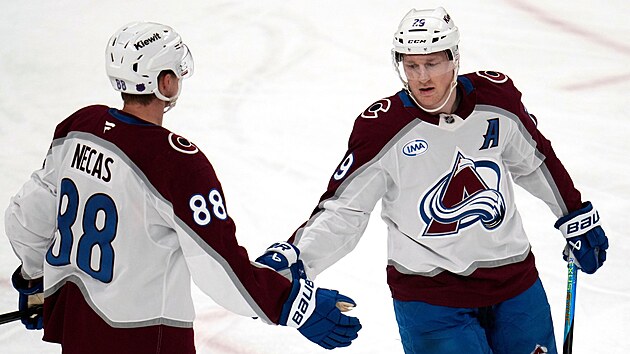 Nathan MacKinnon si s Martinem Ne�asem gratuluje k brance.
