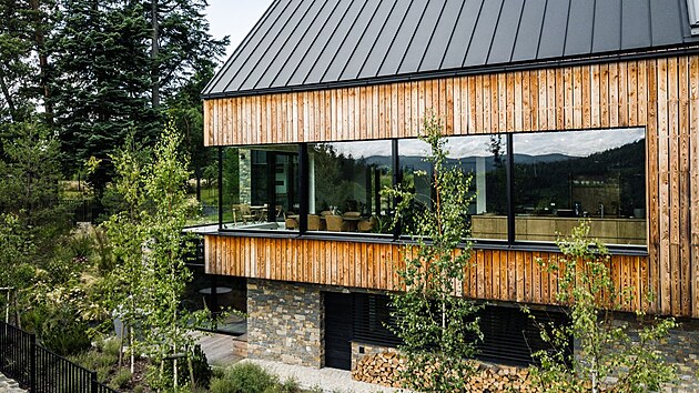 Polozapu�t�n� suter�n, kde je hlavn� vstup, wellness a technick� i skladov� z�zem�, m� kamenn� obklad, prvn� podla�� mod��nov�.