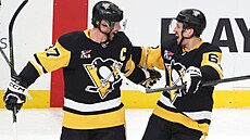 Sidney Crosby (vlevo) a Rickard Rakell oslavují výhru Pittsburghu.