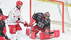 Královéhradecký branká� Stanislav �korvánek zasahuje v utkání proti T�inci.