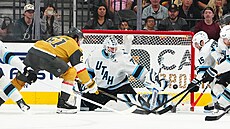 Branká� Utahu Karel Vejmelka zasahuje v utkání NHL proti Vegas.