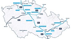 Mapa p�edpokládané sít� vysokorychlostních vlak� v �eské republice. Z�ejm� se...
