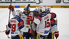 Radost pardubických hokejist� po gólu Romana �ervenky v 50. minut�...