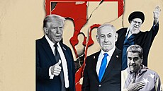 Kolá�, na které je zleva zobrazen Donald Trump, Benjamin Netanjahu, Nicolás...
