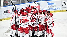T�ine�tí hokejisté oslavují postup p�es Hradec Králové do semifinále play off...