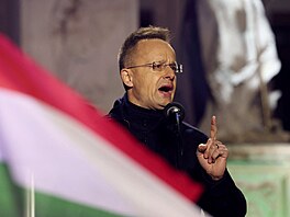 Ma�arský ministr zahrani�í Peter Szijjartó na p�edvolebním mítinku ve m�st�...