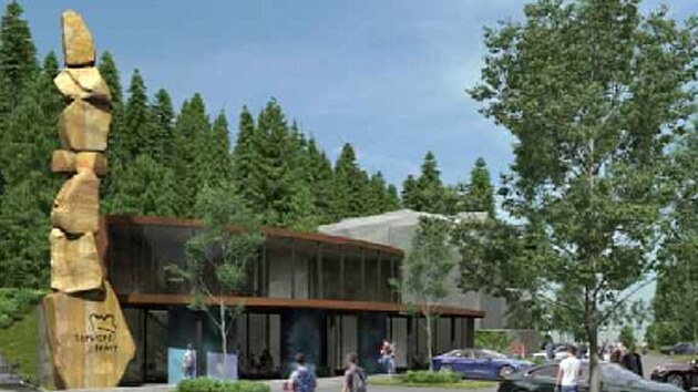 N�v�t�vnick� centrum u vstupu do Teplick�ch skal. V nov� verzi architekt Karel Mr�zek upravil podobu pylonu tak, �e p�jde o naskl�dan� balvany.