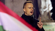 Ma�arský ministr zahrani�í Peter Szijjartó na p�edvolebním mítinku ve m�st�...