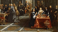 René Descartes (vpravo u stolu) na dvo�e velké milovnice a mecená�ky um�ní,...
