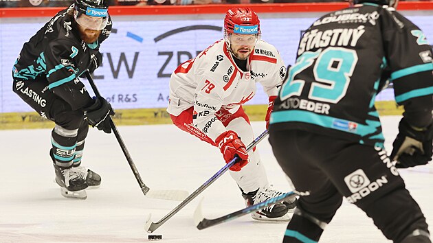 Třinec'in golcüsü Libor Hudáček, Karlovy Vary oyuncuları arasında pakla birlikte