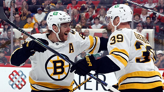 David Pastr�ák (88) a Morgan Geekie (39) slaví trefu Boston Bruins.