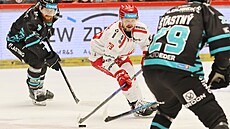 T�inecký úto�ník Libor Hudá�ek s pukem mezi hrá�i Karlových Var�