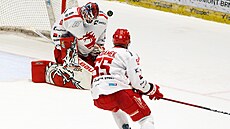 T�inecký branká� Ond�ej Kacetl odrá�í puk po st�ele Karlovarských od pravého...